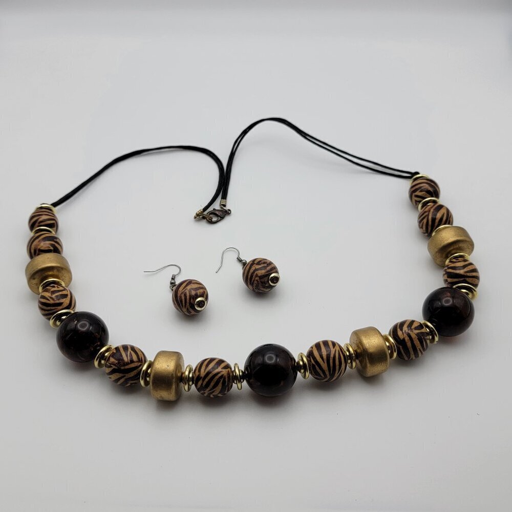 Brown Animal Print Ball Bead Cord Necklace And Earrings Set 30"/17mm Tribal Boho